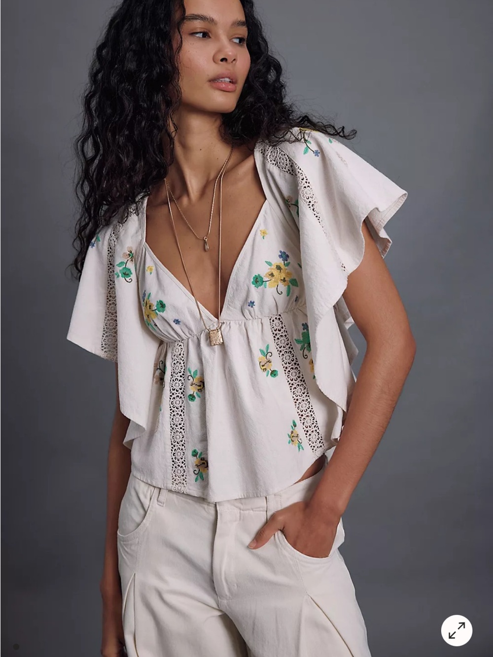Free People White Floral Embroidered Tie-Back Peasant Top - Picture 2 of 4